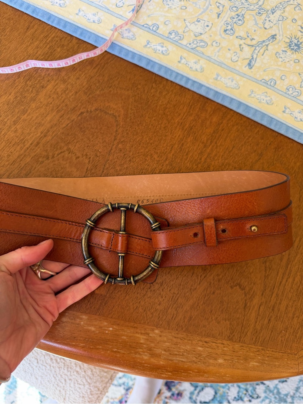 Women's Brown Leather Belt with Round Bamboo-Style Buckle